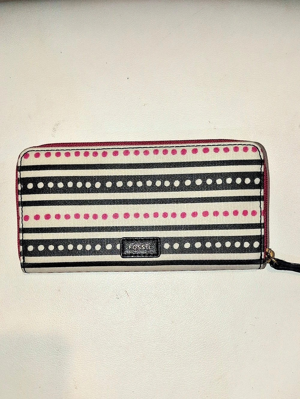 Fossil Eluza Zip-Around Wallet in Pink & Black Stripe Polka Dot